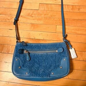 Coach Small Rhyder Pochette Crossbody Bag Blue Shearling Leather Silver Hardware